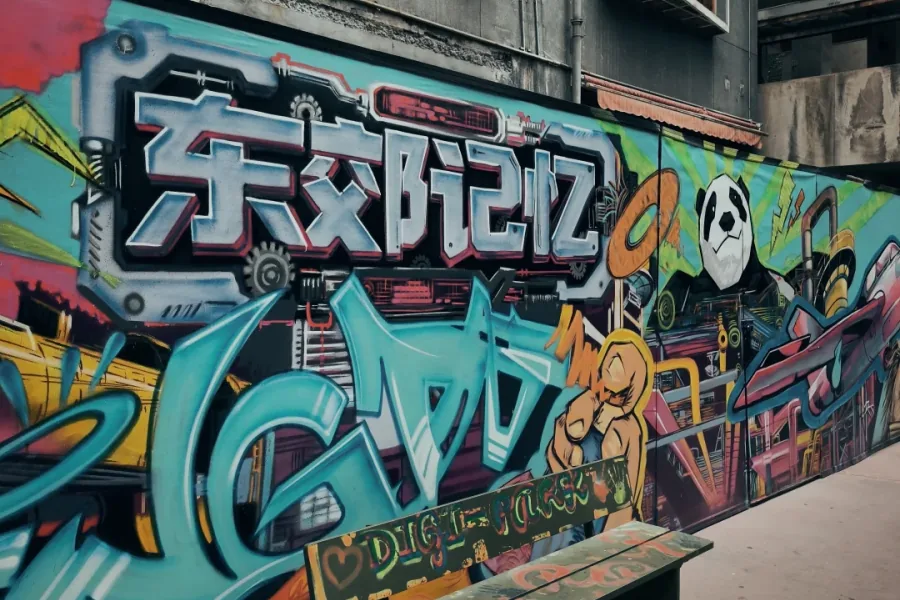 Colorful graffiti-covered street wall popular for photos in Dongjiao Memory