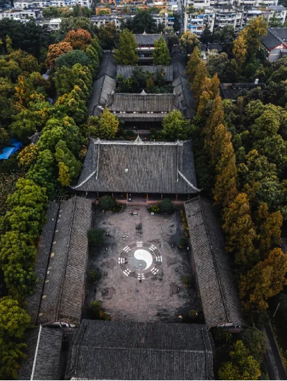 Qingyang Gong temple entrance with red walls and ancient cypress trees in Chengdu city center