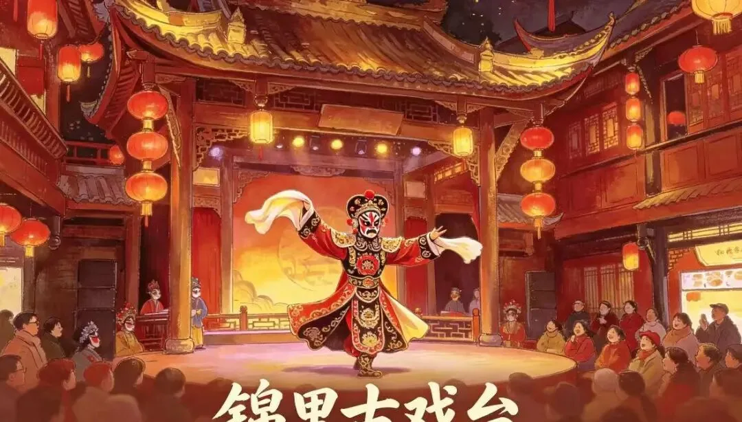 Jinli Ancient Street traditional stage with carved details, venue for free Sichuan opera performances