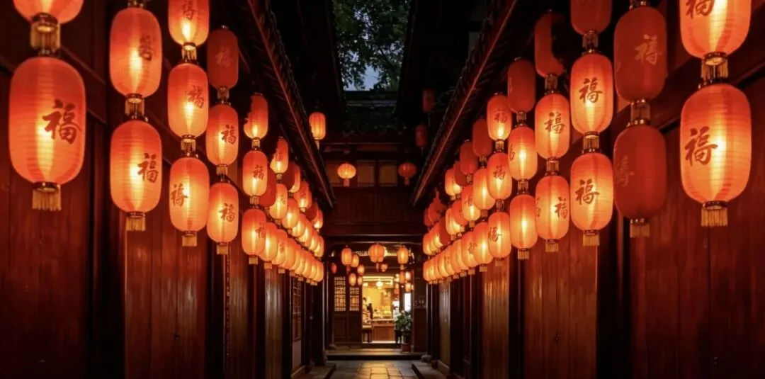Jinli Ancient Street hidden alley with red lanterns and blue stone path, perfect for photos