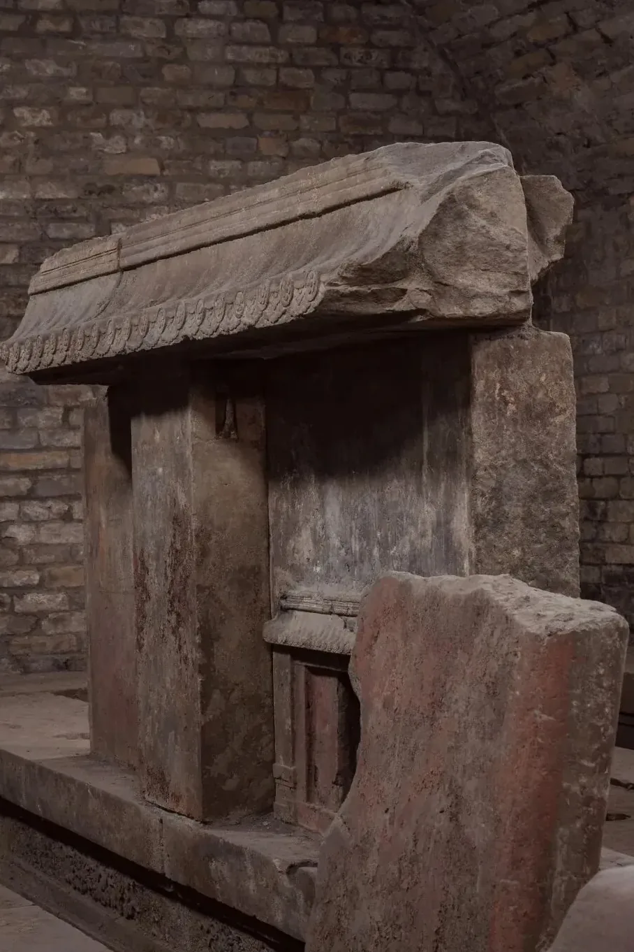 Intricate stone carvings and glazed tiles inside the Ming Shu Prince Tomb chamber