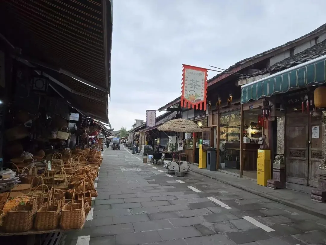 Old street in Pengzhen with traditional shops and market day activity