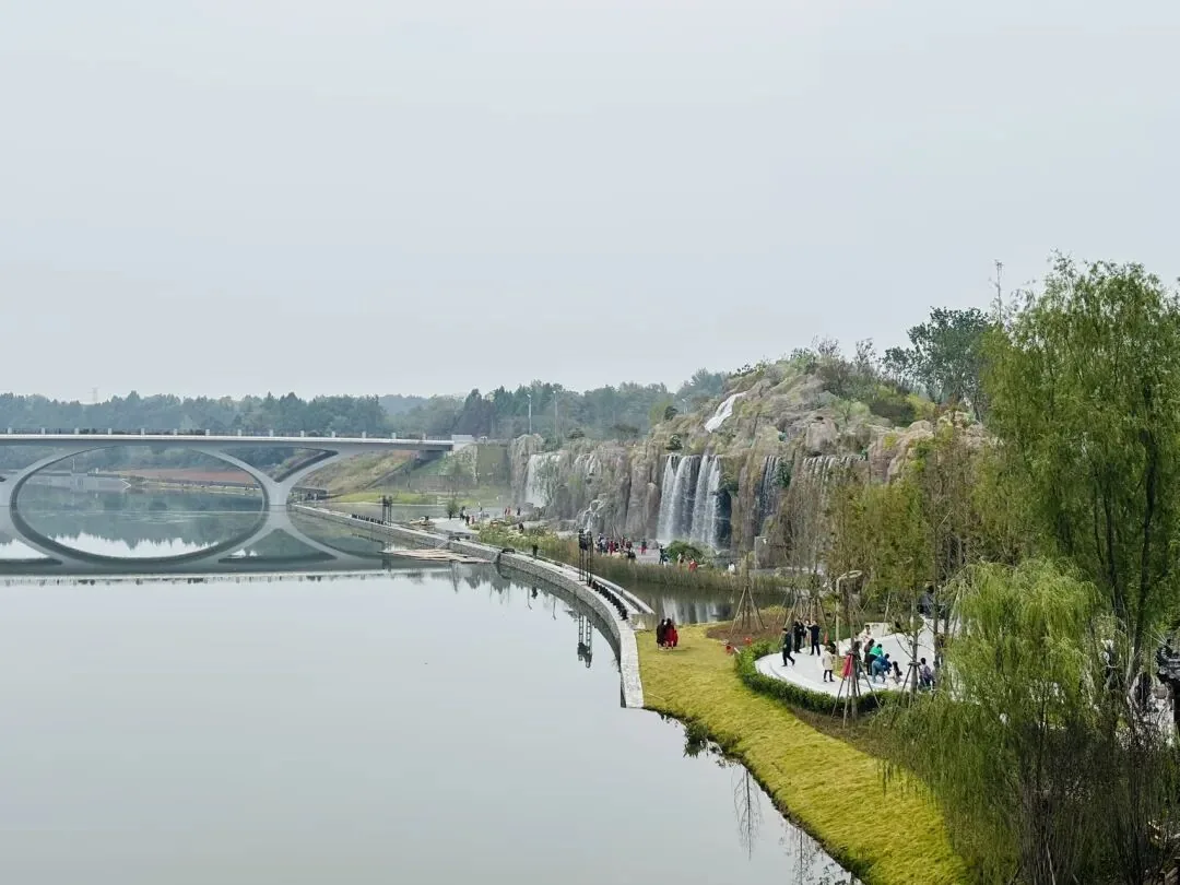 Wide waterfall along the Jiangxi River ecological landscape belt