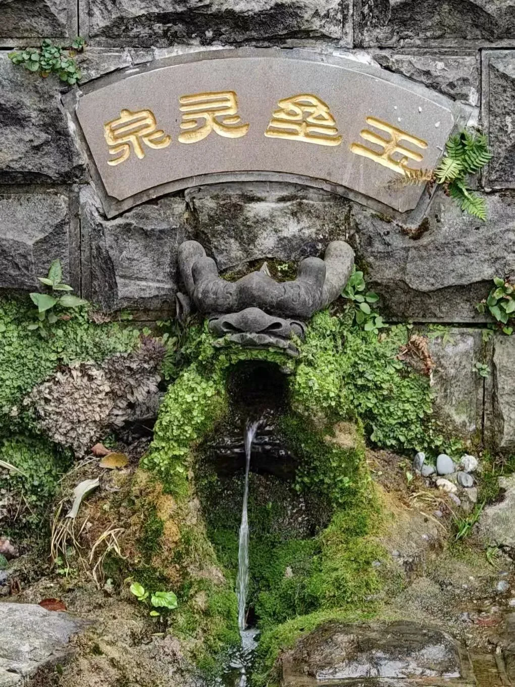 Clear mountain spring flowing beside stone steps at the temple grounds