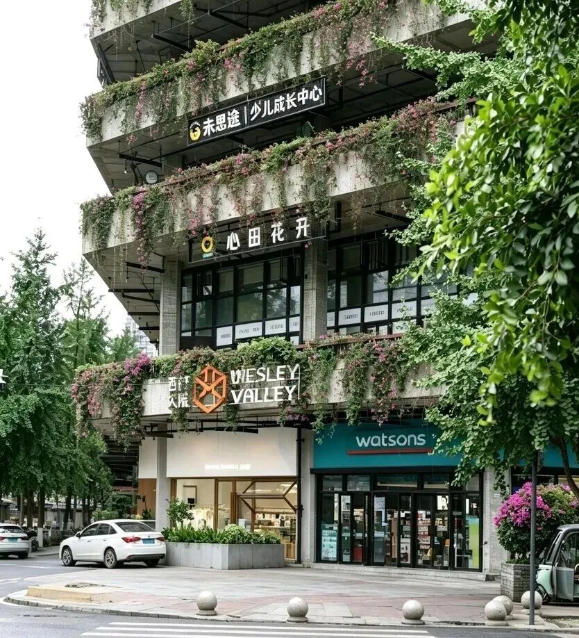 Grey concrete wall with cascading green plants at West Village industrial courtyard