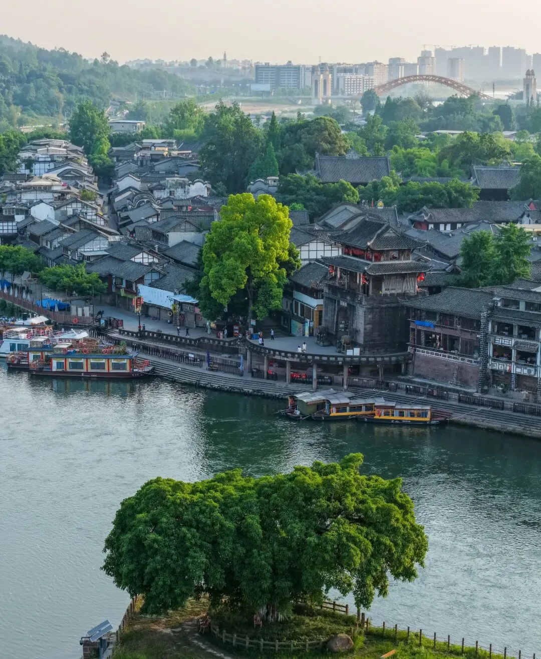 Scenic view of Huanglongxi's ancient streets and riverside stilt houses