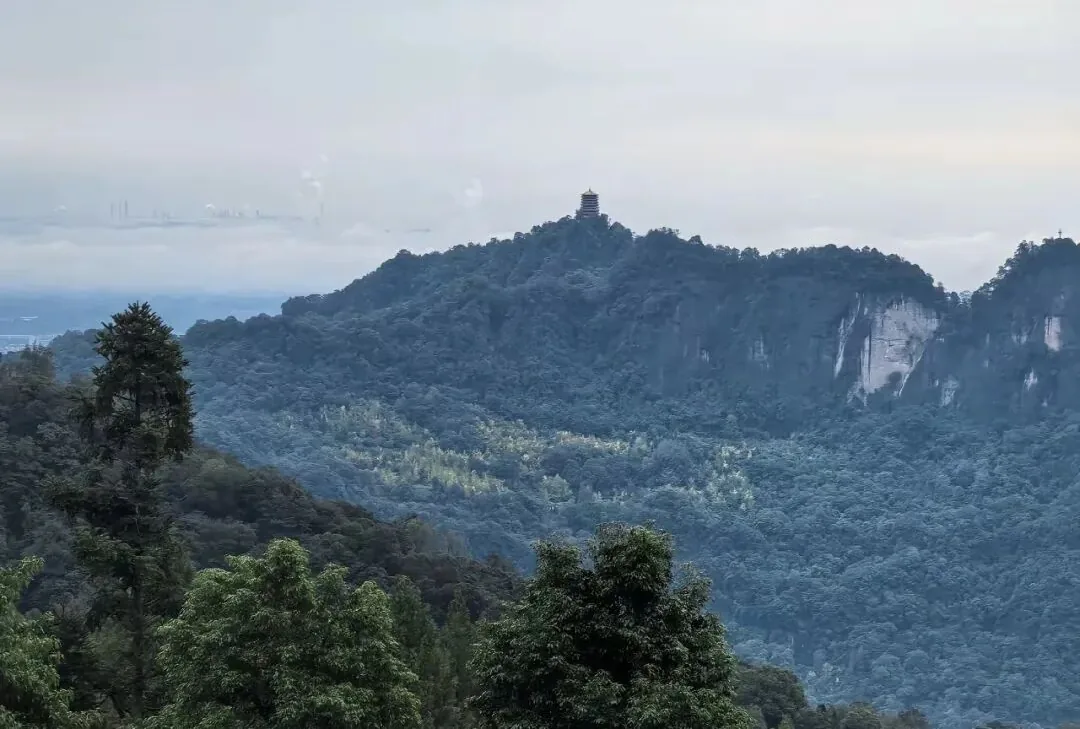 Viewing platform at Tian'guo Temple overlooking layered peaks and Chengdu Plain