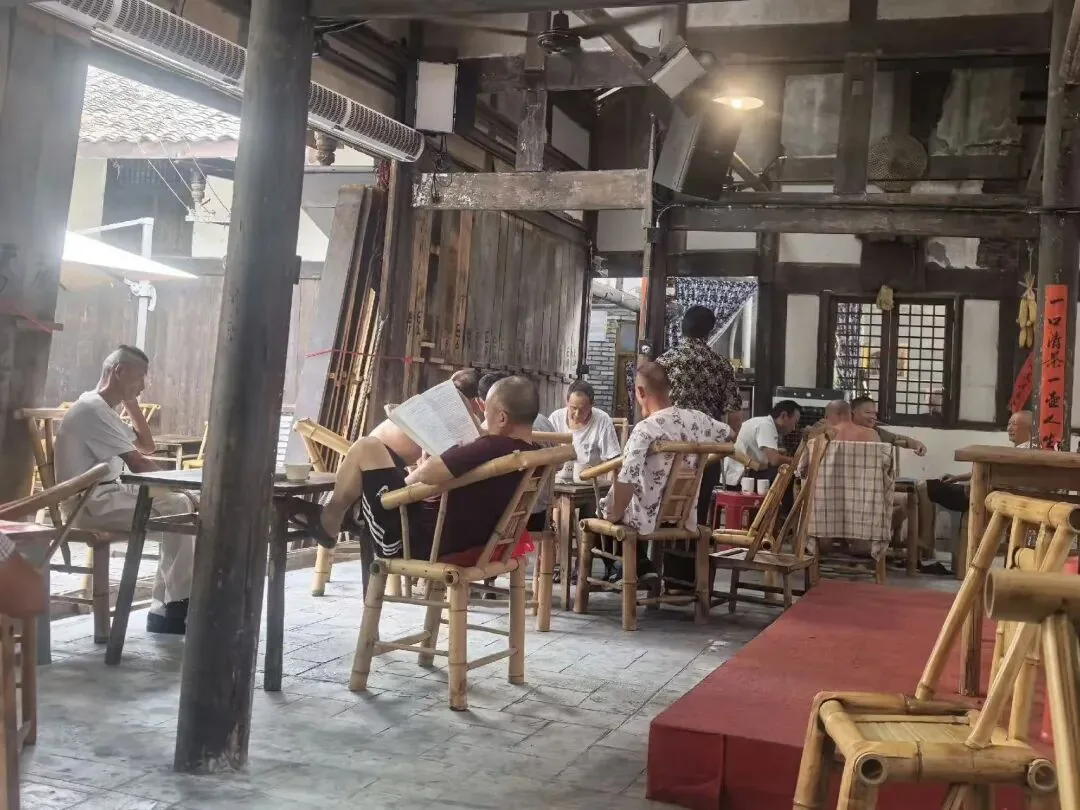Shujiadu Old Teahouse with bamboo chairs and copper kettles